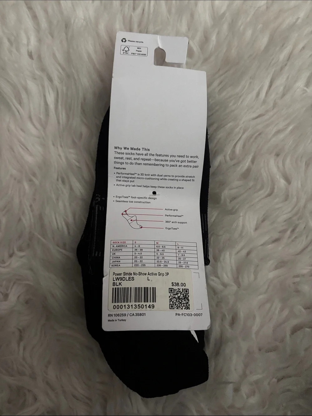 Lululemon Women’s Power Stride w/Active Heel Grip Socks, Black, L